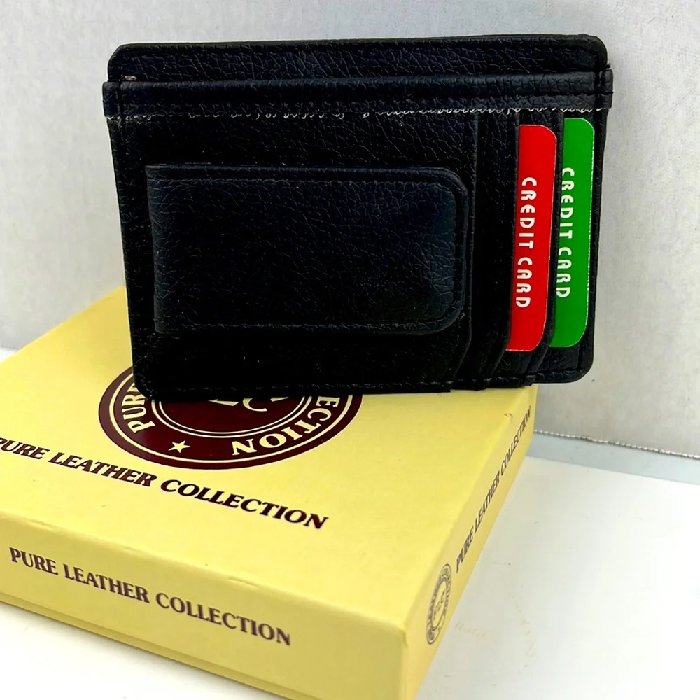 Black leather money clip with credit card and ID pockets. Comes in a box